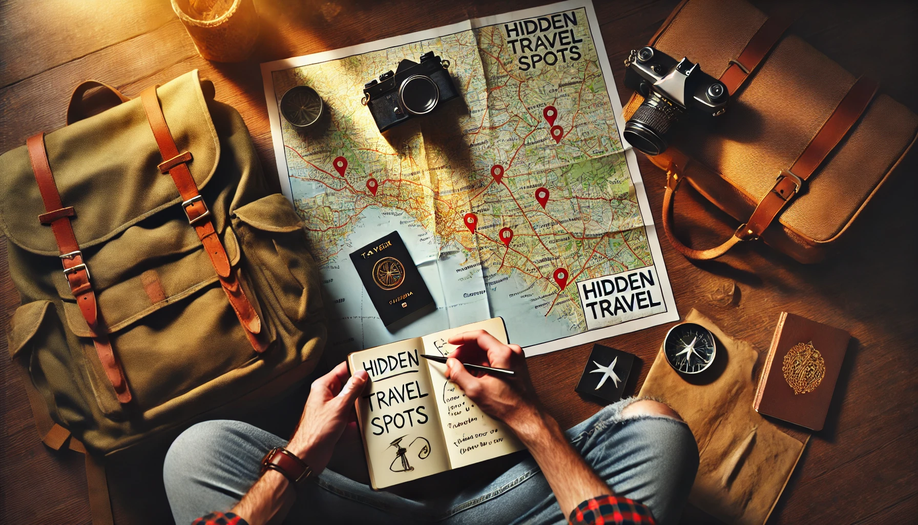 Hidden Travel Tips – A traveler looking at a map with hidden spots marked.