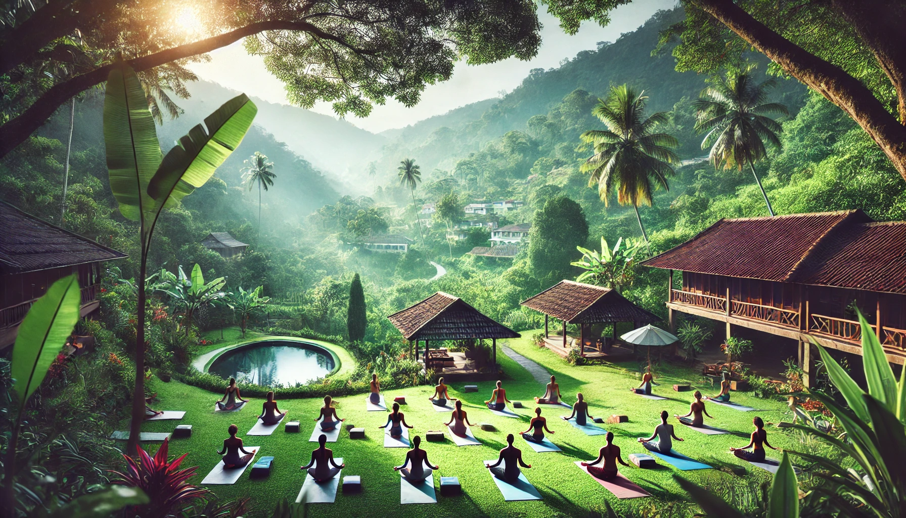 Serene yoga retreat in nature with people practicing yoga outdoors, surrounded by lush greenery and mountains, symbolizing digital detox and mindful travel.