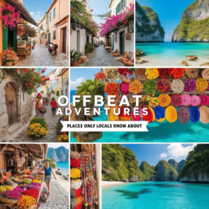 Hidden travel gems with a map marked with secret spots, symbolizing offbeat adventures known only to locals.