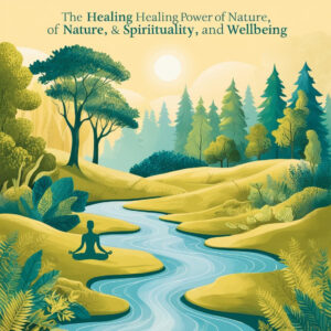 Serene natural landscape with a person meditating, surrounded by mountains and greenery, symbolizing the healing power of nature and spirituality.