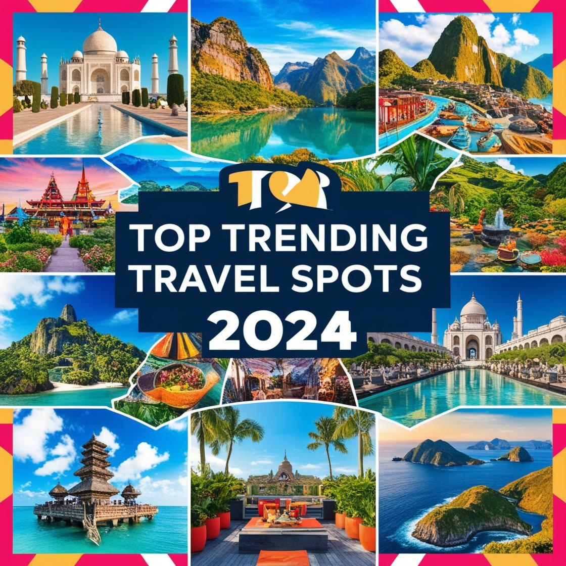 World map with travel icons marking top trending destinations, symbolizing the hottest travel spots for 2024.
