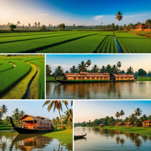 Scenic view of Kerala with lush backwaters and traditional houseboats, symbolizing unforgettable travel experiences.